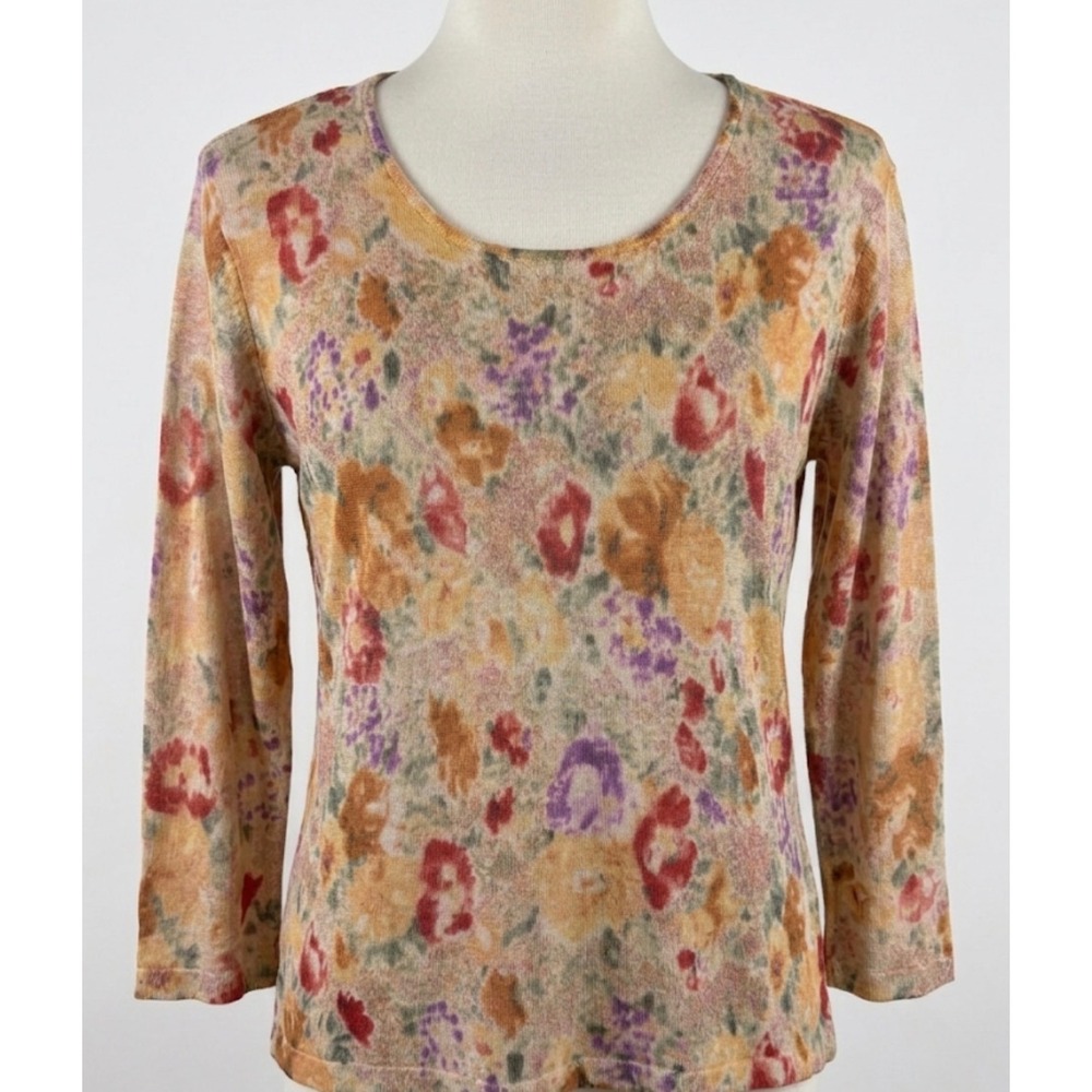 Joseph A. 90s Silk Blend Floral Knit Blouse Coquette Soft‎ Girl 3/4 Sleeve Top L